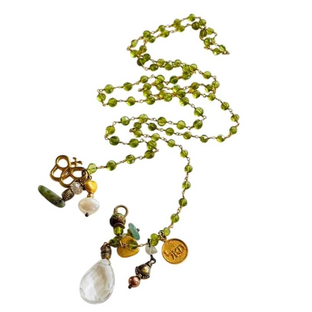 Green Beaded Charm Necklace with Crystal Drop